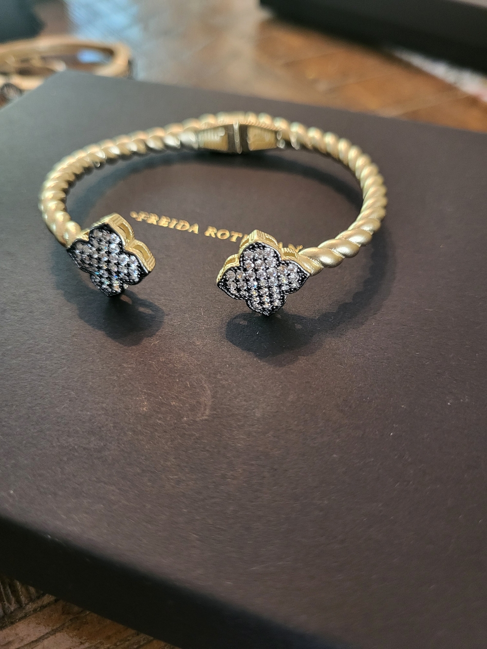 Gold Twisted Cuff Bracelet with Pavé Clover Ends